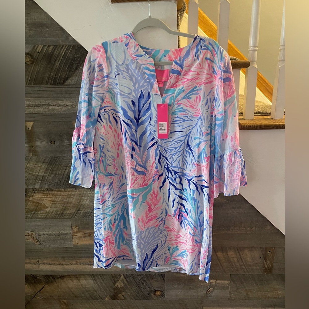 Lilly Pulitzer NWT Elenora silk dress S in crew blue tint kaleidoscope coral.